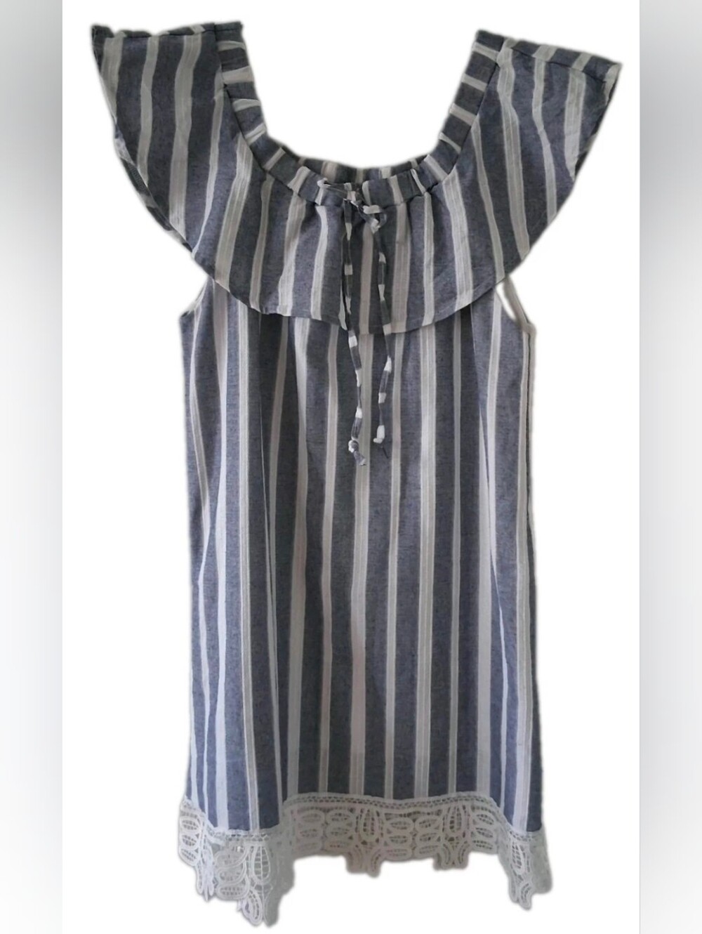 Navy and White Striped Ruffle-Trim Midi Dress